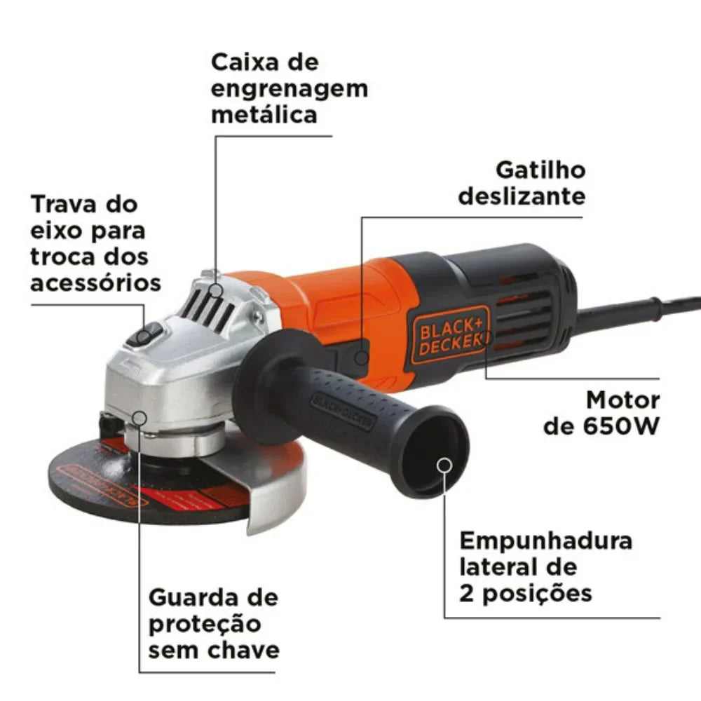 Esmerilhadeira Ângular 4.1/2 Pol. 650W 110V BLACK+DECKER-G650-BR