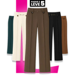 [Pague 3, Leve 5] Calças Femininas Living de Cintura Alta com Botões Frontais em Poliéster e Seda Gelo