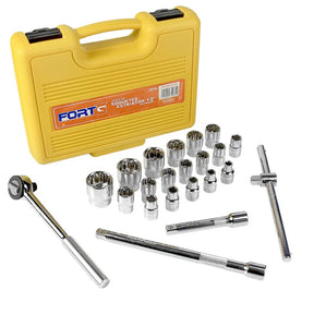 Jogo de Soquetes Estriados de 1/2 Pol. com 22 Peças em Cr-V Cromo Vanádio FORTGPRO-FG8950