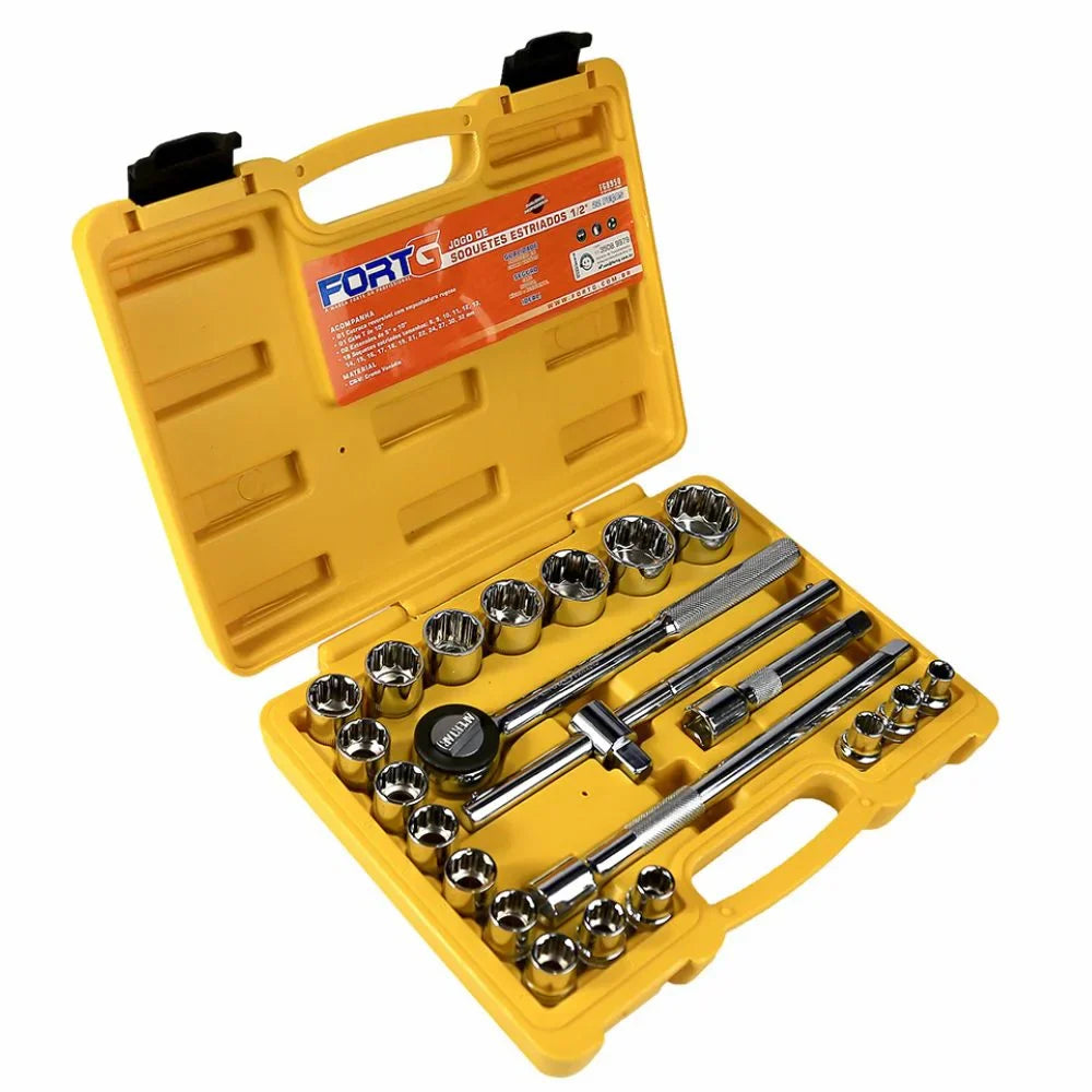 Jogo de Soquetes Estriados de 1/2 Pol. com 22 Peças em Cr-V Cromo Vanádio FORTGPRO-FG8950