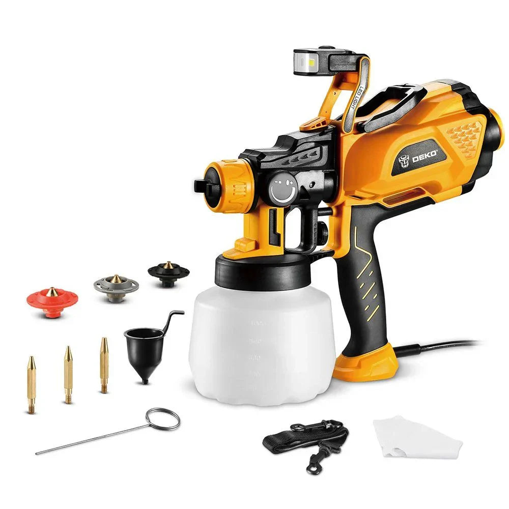 Pistola de Pintura Pulverizadora HVLP Elétrica 600W 1200ml Luz de LED com 3 Bicos e Acessórios DEKO-DKSG60K1