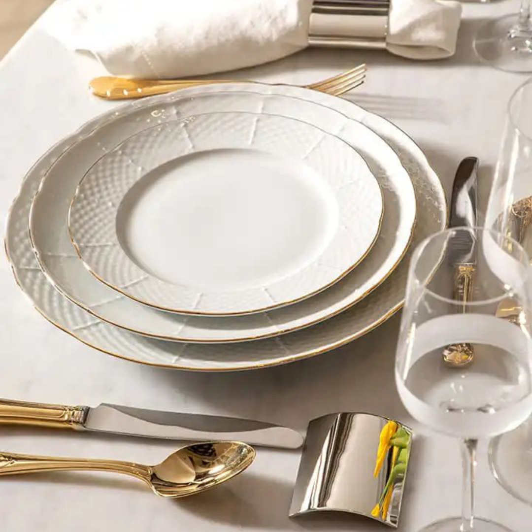 Jogo Aparelho de Jantar Branco Ouro - SERVE ATÉ 6 PESSOAS  [ + BRINDE - KIT 6 TAÇAS ]