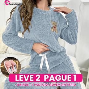 [Leve 2 Pague 1] Pijama Feminino Ursinho Luma (Veludo Suave, calor por dentro) + BRINDE: 1 Pantufa Nuvem Antifrío