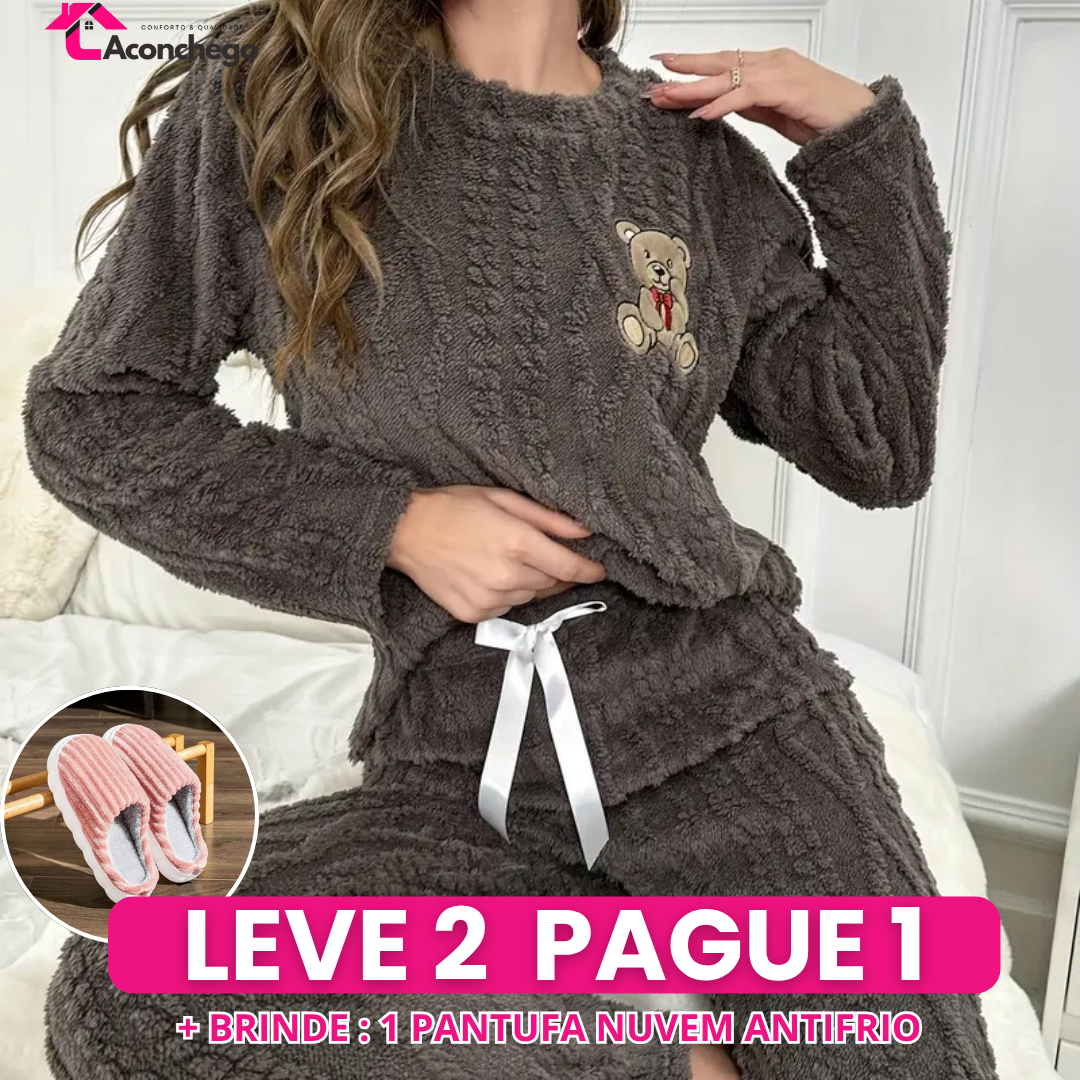 [Leve 2 Pague 1] Pijama Feminino Ursinho Luma (Veludo Suave, calor por dentro) + BRINDE: 1 Pantufa Nuvem Antifrío
