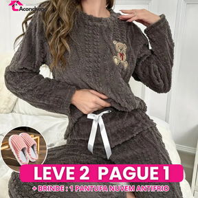[Leve 2 Pague 1] Pijama Feminino Ursinho Luma (Veludo Suave, calor por dentro) + BRINDE: 1 Pantufa Nuvem Antifrío