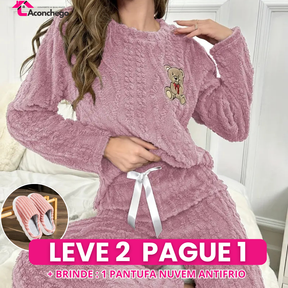 [Leve 2 Pague 1] Pijama Feminino Ursinho Luma (Veludo Suave, calor por dentro) + BRINDE: 1 Pantufa Nuvem Antifrío