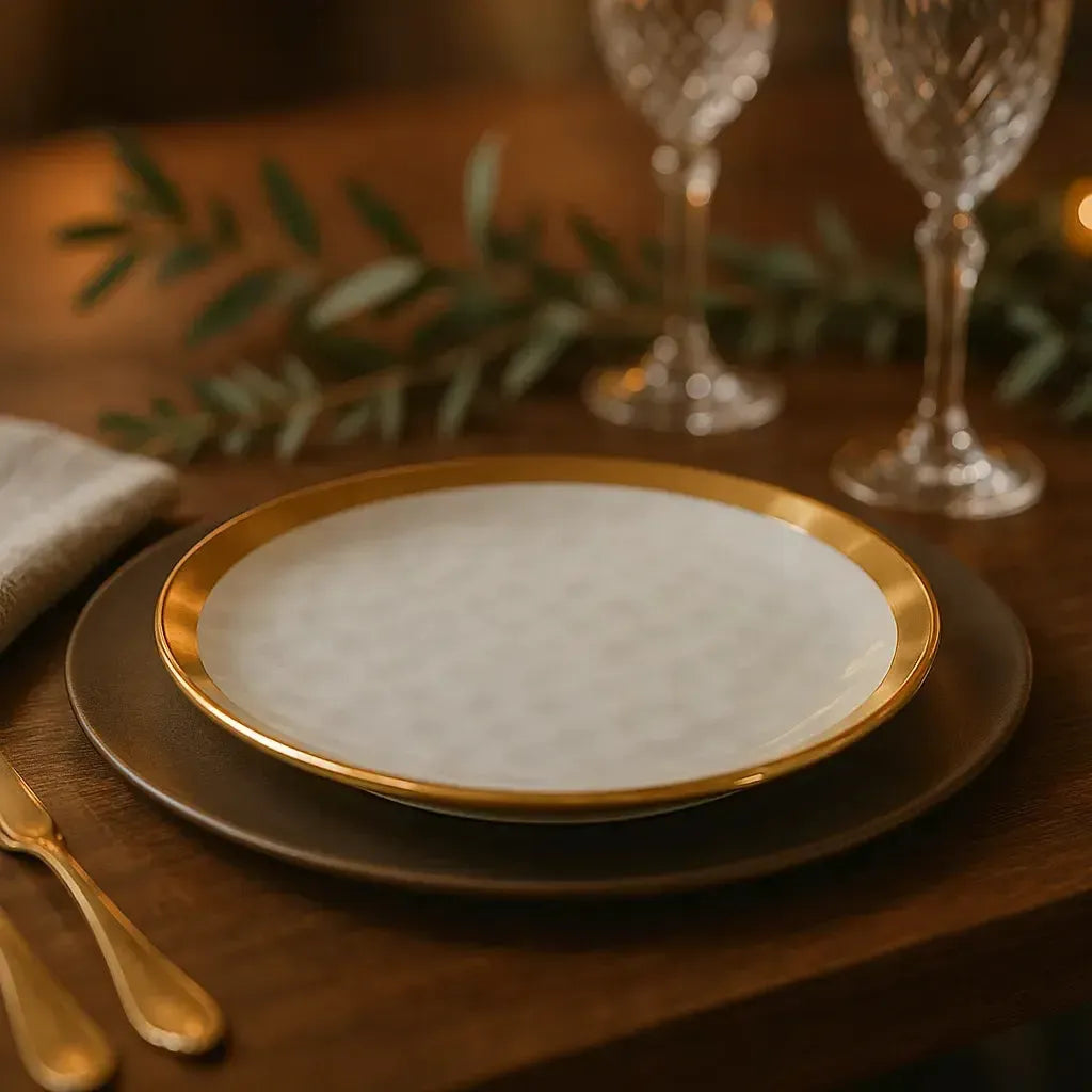 Jogo Aparelho de Jantar Porcelana Branco/Dourado Dubai - SERVE ATÉ 6 PESSOAS [ + BRINDE - KIT 6 TAÇAS ]