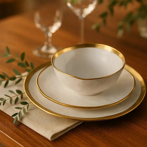 Jogo Aparelho de Jantar Porcelana Branco/Dourado Dubai - SERVE ATÉ 6 PESSOAS [ + BRINDE - KIT 6 TAÇAS ]