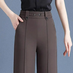 [Pague 3, Leve 5] Calças Femininas Living de Cintura Alta com Botões Frontais em Poliéster e Seda Gelo