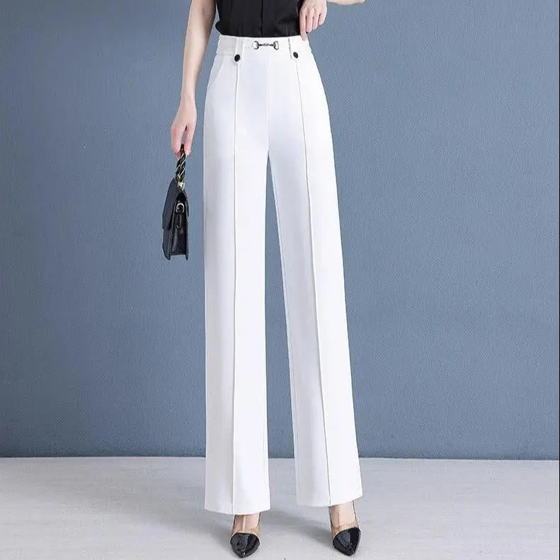 [Pague 3, Leve 5] Calças Femininas Living de Cintura Alta com Botões Frontais em Poliéster e Seda Gelo