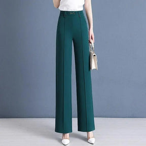 [Pague 3, Leve 5] Calças Femininas Living de Cintura Alta com Botões Frontais em Poliéster e Seda Gelo